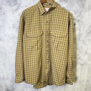 C.C. FILSON Shirt Mens Large Virgin Wool Tan White Plaid Button Up USA Vintage